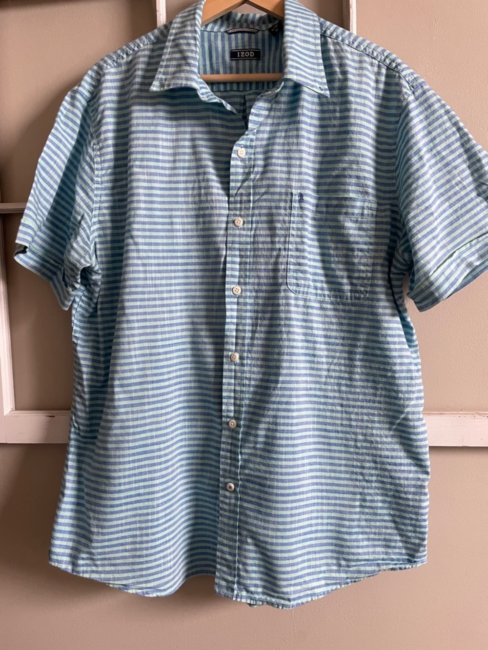 Izod Men’s Short-Sleeve Striped Button-Down Shirt – Aqua Blue & Navy